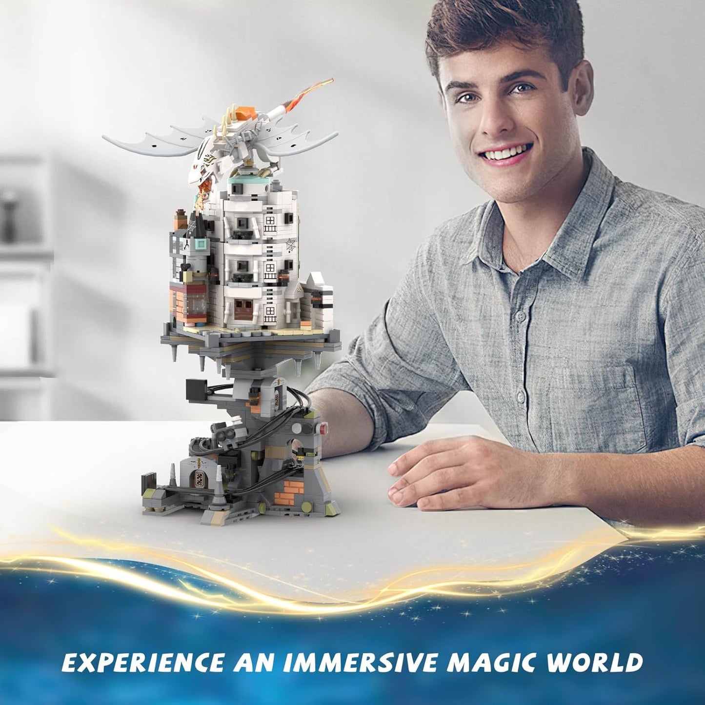 Magic Bank Castle Building Set, Collectible Architecture White Dragon Castle Model, Compatible with  Adults, Ideal Christmas Birthday Gift Toy for Kids Boys  (1056 PCS)